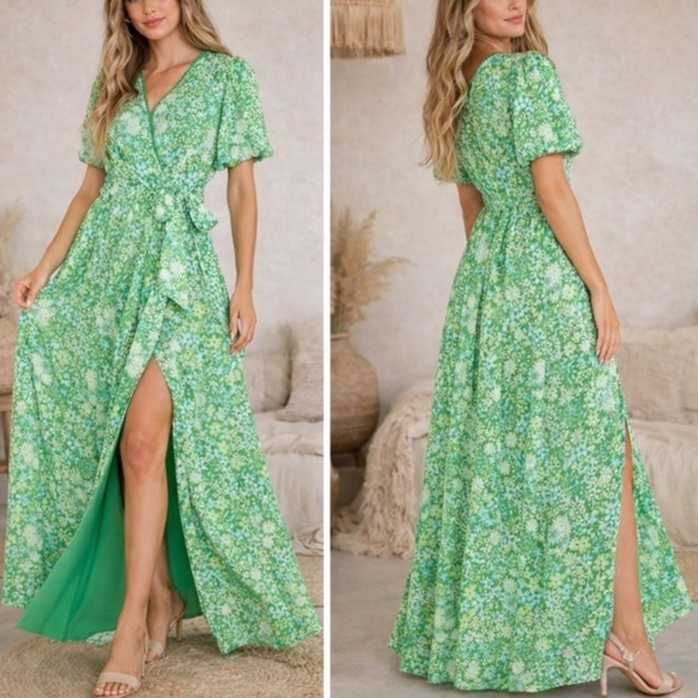 BTFL-Life V-Neckline Maxi Floral Wrap Dress in Kyla Green